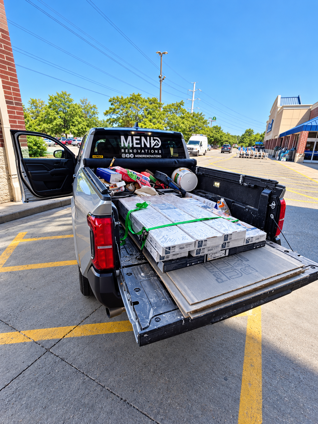 Mend Renovations truck loaded with flooring boxes