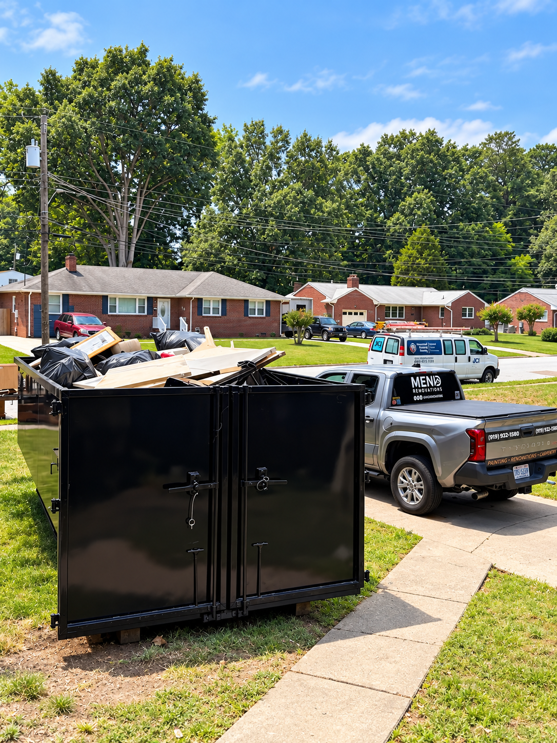 Dumpster and Mend Renovations truck at a Hampton Roads property clean-out