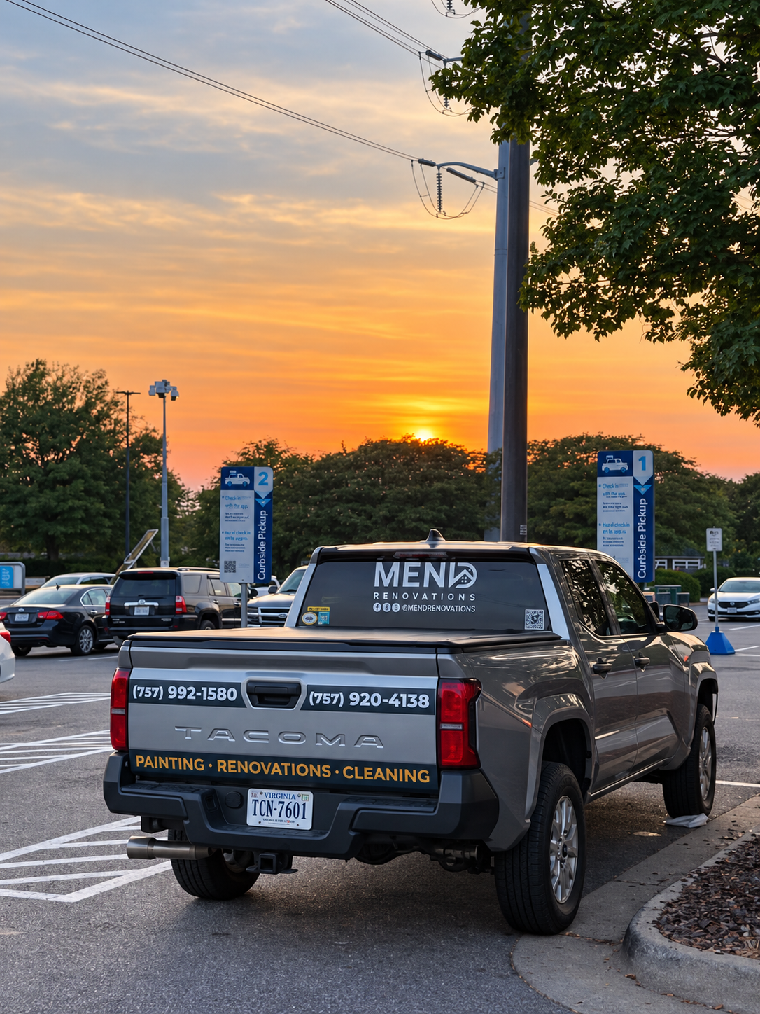 Mend Renovations branded truck at sunset
